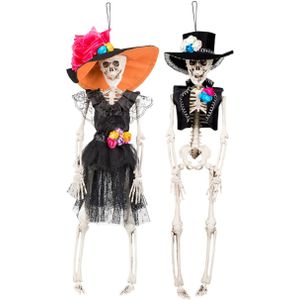 Set van 2x hangende horror decoratie skelet 40 cm Spaanse dame en heer - Halloween thema versiering poppen