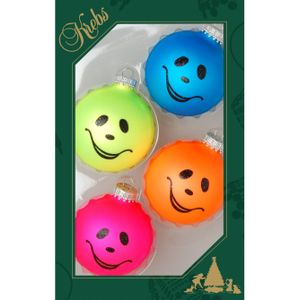 8x stuks luxe glazen kerstballen 7 cm neon smiley - Kerstversiering/kerstboomversiering