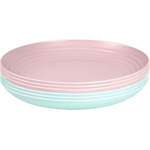 Setje van 10x stuks ronde kunststof diner/ontbijt borden in het groen en roze 25 cm