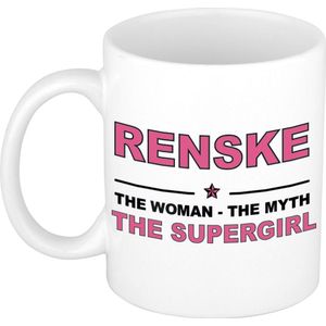 Naam cadeau Renske - The woman, The myth the supergirl koffie mok / beker 300 ml - naam/namen mokken - Cadeau voor o.a  verjaardag/ moederdag/ pensioen/ geslaagd/ bedankt