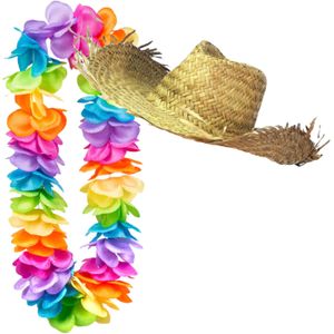 Carnaval verkleedset - Tropical Hawaii party - dames strohoed in beige - en volle bloemenslinger multi colours