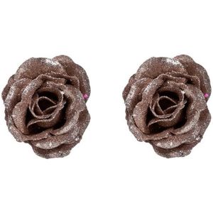 2x Oud roze roos met glitters op clip 7 cm - kerstversiering