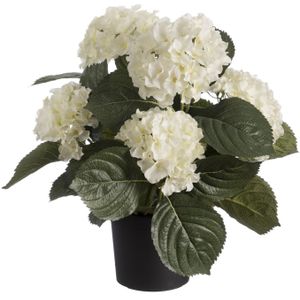 Witte hortensia kunstplant in zwarte kunststof pot 44 cm - Hydrangea - Woondecoratie
