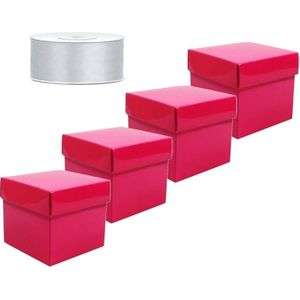 Set  van 4 vierkante cadeau doosjes fuchsia roze 10 x 10 cm en 1 rol kadolint / sierlint zilver 25 meter