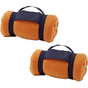 Pakket van 5x stuks fleece dekens/plaids oranje met afneembaar handvat 160 x 130 cm - warme bank dekens