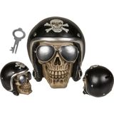 Spaarpot Motor bikers skull/schedel 16 x 13 cm - met sleuteltje - Vaderdag cadeau