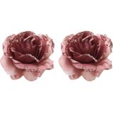 10x Oud Roze Decoratie Bloemen Rozen op Clip 14 cm - Kerstversiering/Woondeco/Knutsel/Hobby - Polyester - 10x Aantal Rozen