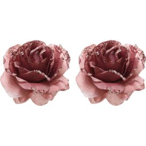 10x Oud Roze Decoratie Bloemen Rozen op Clip 14 cm - Kerstversiering/Woondeco/Knutsel/Hobby - Polyester - 10x Aantal Rozen