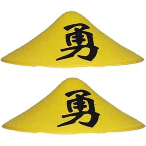 2x stuks chinese Aziatiesche hoed geel met teken - Verkleed carnaval hoeden/hoedjes voor volwassenen