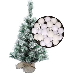 Besneeuwde mini kerstboom/kunst kerstboom 35 cm met kerstballen wit - Kerstversiering