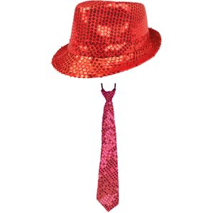 Carnaval verkleed set - hoedje en stropdas - rood - volwassenen - glitters