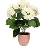 Hortensia kunstplant/kunstbloemen 40 cm - wit - in pot lichtroze glans - Kunst kamerplant