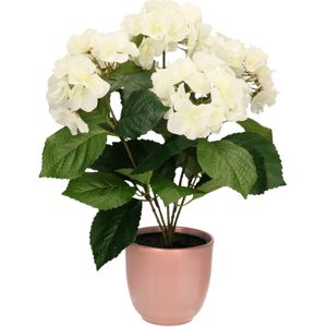 Hortensia kunstplant/kunstbloemen 40 cm - wit - in pot lichtroze glans - Kunst kamerplant