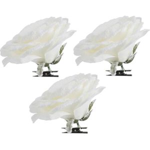 4x Kerstboomversiering bloemen op clip witte besneeuwde roos 15 cm - witte kerstversieringen