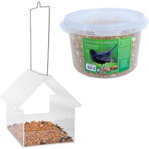Vogelhuisje/voedertafel transparant kunststof 15 cm inclusief 4-seizoenen mueslimix vogelvoer - Vogelvoederhuisje