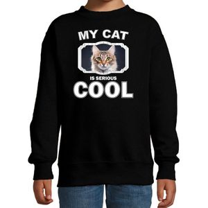 Bruine kat / poes trui / sweater my cat is serious cool zwart - kinderen - Katten liefhebber cadeau sweaters - kinderkleding / kleding
