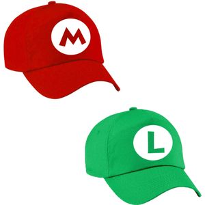 Loodgieter Mario en Luigi pet/ cap/ hoed voor dames, heren, volwassenen - Set van 2 petjes voor bij een Mario en Luigi kostuum