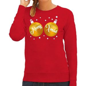 Foute kersttrui / sweater rood met gouden Merry Xmas borsten voor dames - kerstkleding / christmas outfit