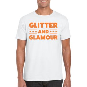 Bellatio Decorations Verkleed T-shirt heren - glitter and glamour - wit - oranje glitter - carnaval