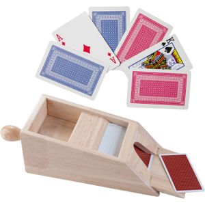 Houten Blackjack kaartgever/slof met handvat 28 x 11,5 x 9,5 cm inclusief 4x sets speelkaarten