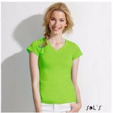 Dames t-shirt  V-hals lime 100% katoen slimfit - Dameskleding shirts