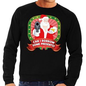 Foute kersttrui / sweater - zwart - gangster Kerstman met pistool Can I Borrow Some Presents heren