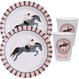 Paarden feest wegwerp servies set - 20x bordjes / 20x bekers - grijs/roze