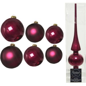Groot pakket glazen kerstballen framboos roze glans/mat 50x stuks - 4-6-8 cm incl piek glans 26 cm
