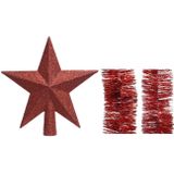Kerstversiering kunststof glitter ster piek 19 cm en folieslingers pakket rood van 3x stuks - Kerstboomversiering