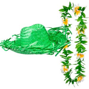 Carnaval verkleed set - Tropische Hawaii party - stro hoed groen - met bloemenslinger groen/wit - volwassenen