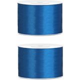 2x Hobby/decoratie blauw satijnen sierlinten 5 cm/50 mm x 25 meter - Cadeaulint satijnlint/ribbon - Blauwe linten - Hobbymateriaal benodigdheden - Verpakkingsmaterialen