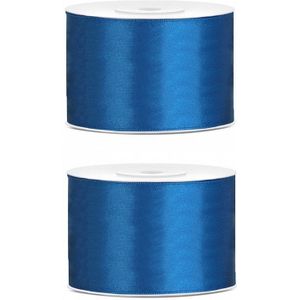 2x Hobby/decoratie blauw satijnen sierlinten 5 cm/50 mm x 25 meter - Cadeaulint satijnlint/ribbon - Blauwe linten - Hobbymateriaal benodigdheden - Verpakkingsmaterialen