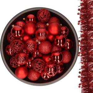 Decoris Kerstballen - 37x stuks - 6 cm - met 2x st kerstslingers - rood - kunststof