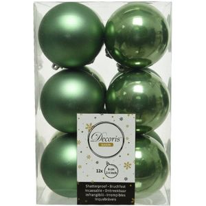 12x Salie groene kunststof kerstballen 6 cm - Mat/glans - Onbreekbare plastic kerstballen - Kerstboomversiering salie groen