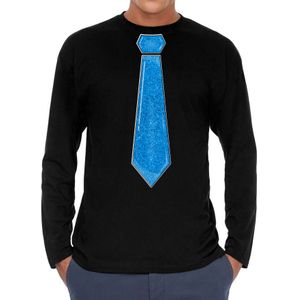 Bellatio Decorations Verkleed shirt heren - stropdas glitter blauw - zwart - carnaval - longsleeve
