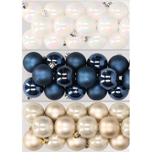 48x stuks kunststof kerstballen mix van parelmoer wit, donkerblauw en champagne 4 cm - Kerstversiering