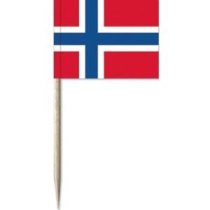 150x stuks Cocktailprikkers Noorwegen 8 cm vlaggetje landen decoratie - Houten spiesjes met papieren vlaggetjes