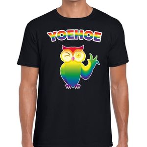 Yoehoe gaypride knipogende uil t-shirt -  zwart shirt met yoehoe regenboog uil voor heren - Gay pride