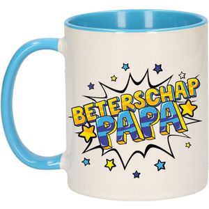 Beterschap papa cadeau koffiemok / theebeker wit en blauw met sterren - 300 ml - keramiek - cadeau beker / beterschap mok