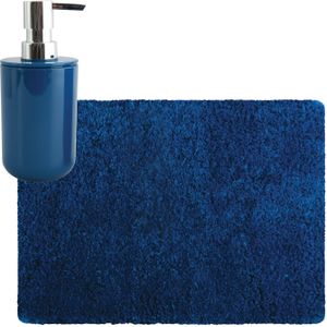 MSV badkamer droogloop tapijt/matje - Langharig - 50 x 70 cm - inclusief zeeppompje in dezelfde kleur - donkerblauw