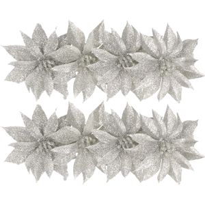 Kerstboom bloemen op clip - 8x stuks - zilver glitter 9.5 cm