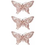 3x Kerstboomversiering roze glitter vlinder op clip 15 cm - Decoratie vlinders roze glitters 3 stuks