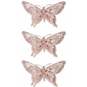 3x Kerstboomversiering roze glitter vlinder op clip 15 cm - Decoratie vlinders roze glitters 3 stuks