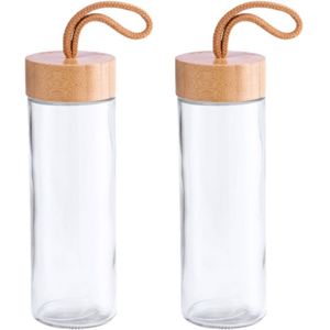 2x Stuks glazen waterfles/drinkfles transparant met bamboe houten dop met handvat 420 ml - Sportfles - Bidon