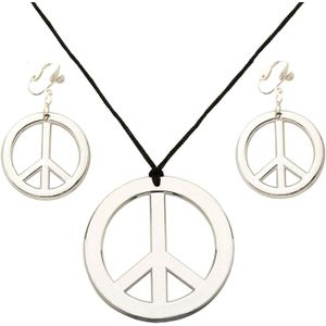 Widmann Hippie Flower Power Sixties sieraden set ketting met oorbellen peace tekens