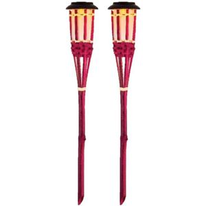 2x Roze buiten/tuin Led fakkel Bodi solar verlichting bamboe 54 cm vlam - Tuinfakkel - Tuinlampen - Lampen op zonne-energie