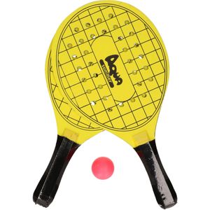 Gele beachball set met tennisracketprint buitenspeelgoed - Houten beachballset - Rackets/batjes en bal - Tennis ballenspel