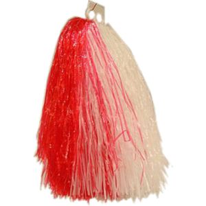 1x Stuks cheerball/pompom rood/wit met ringgreep 33 cm - Cheerleader verkleed accessoires