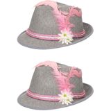 4x stuks grijs/roze Tiroler hoedje met veer en bloem voor dames - Oktoberfest/bierfeest feesthoeden - Alpenhoedje/jagershoedje