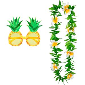 Tropische Hawaii party verkleed accessoires set - Ananas zonnebril - en bloemenkrans groen/wit - voor volwassenen